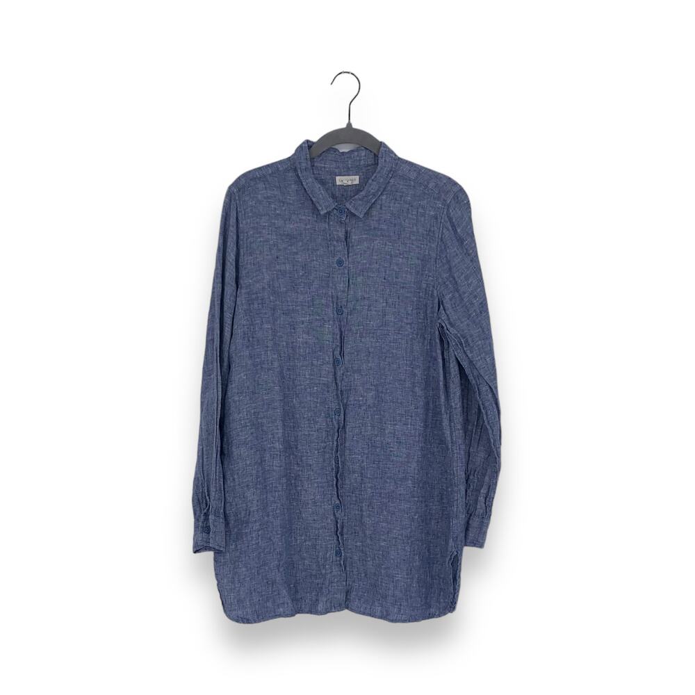 Garnet Hill Navy Blu 100% Linen Long Sleeve Button Up Shirt Top Blouse